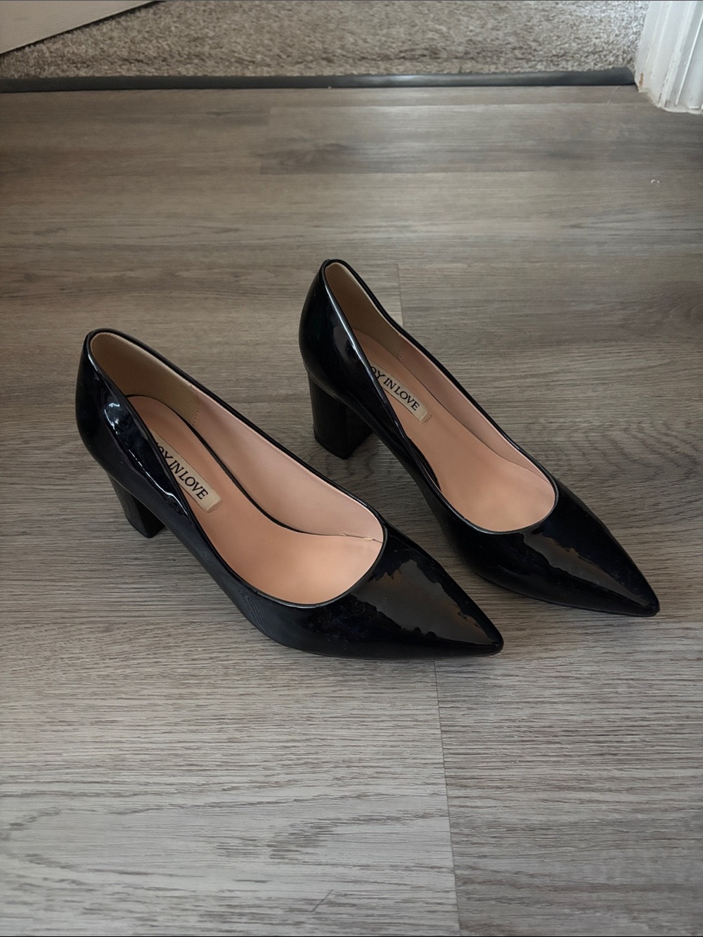 Black Patent Pointed Toe Block Heel Pumps by XINLOVE